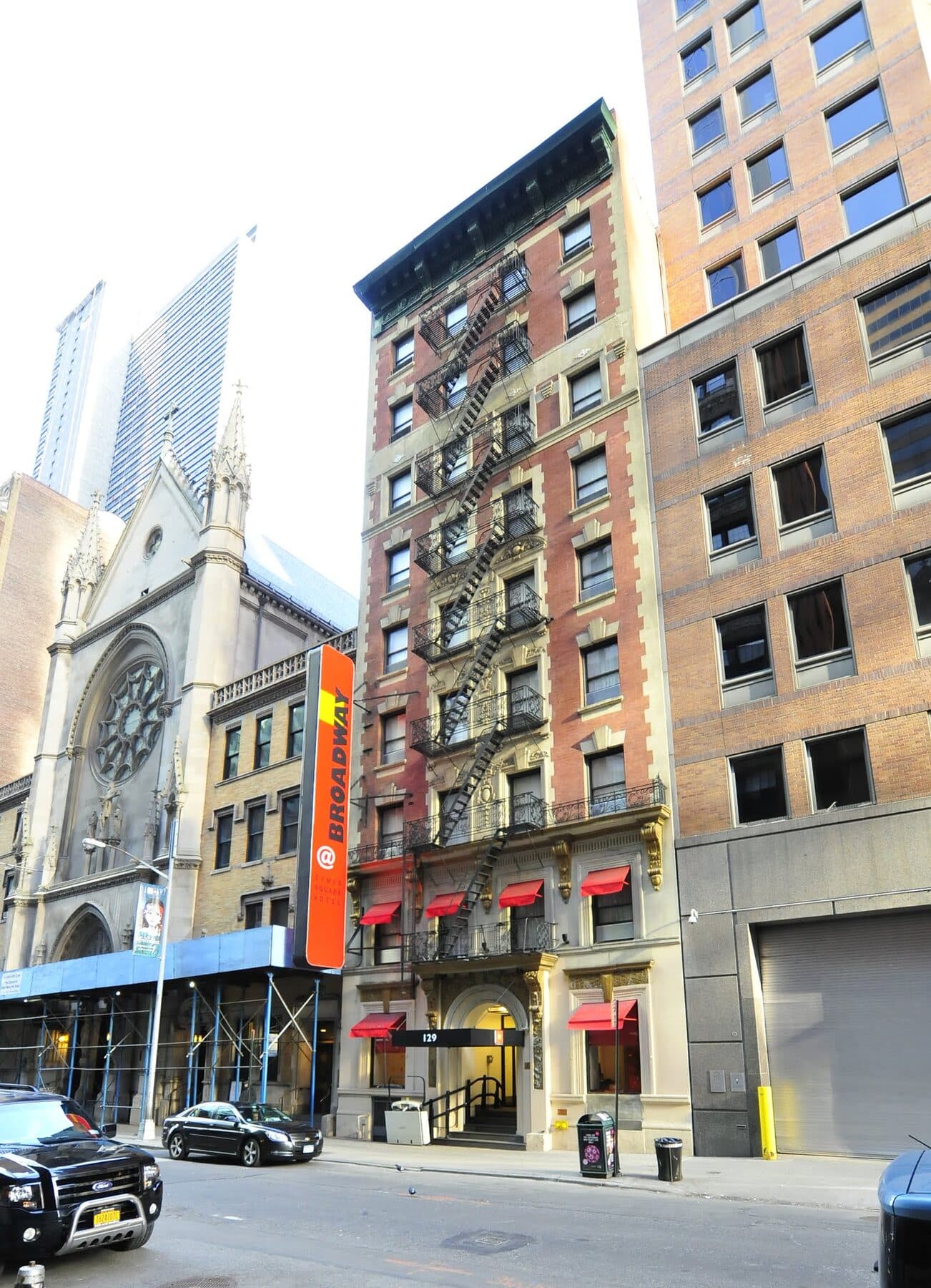 West 46th Street with the church spire at the end of the block