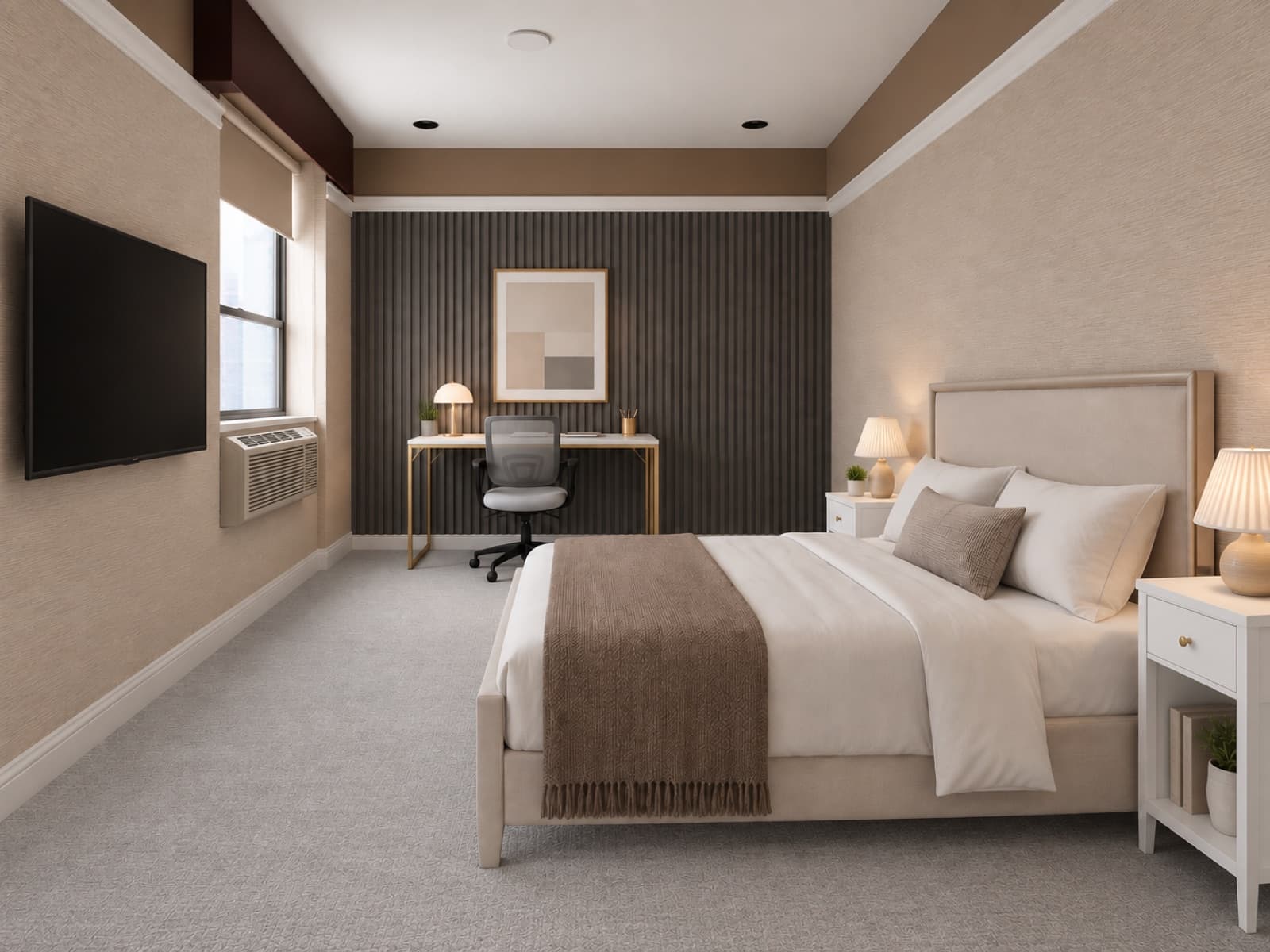 Virtually staged view of the bed and desk by the slatted accent wall at The 46, 129 West 46th Street, Midtown NYC