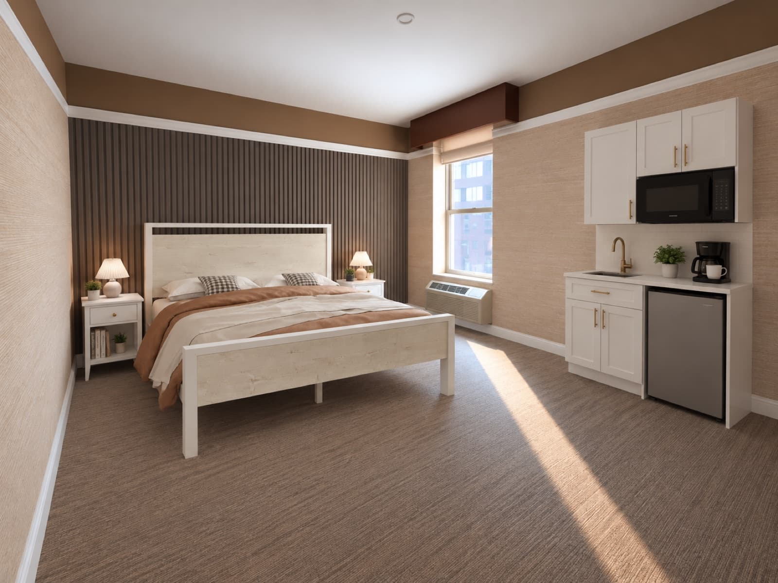 Virtually staged room with bed and kitchenette area by the window at The 46, 129 West 46th Street, Midtown NYC