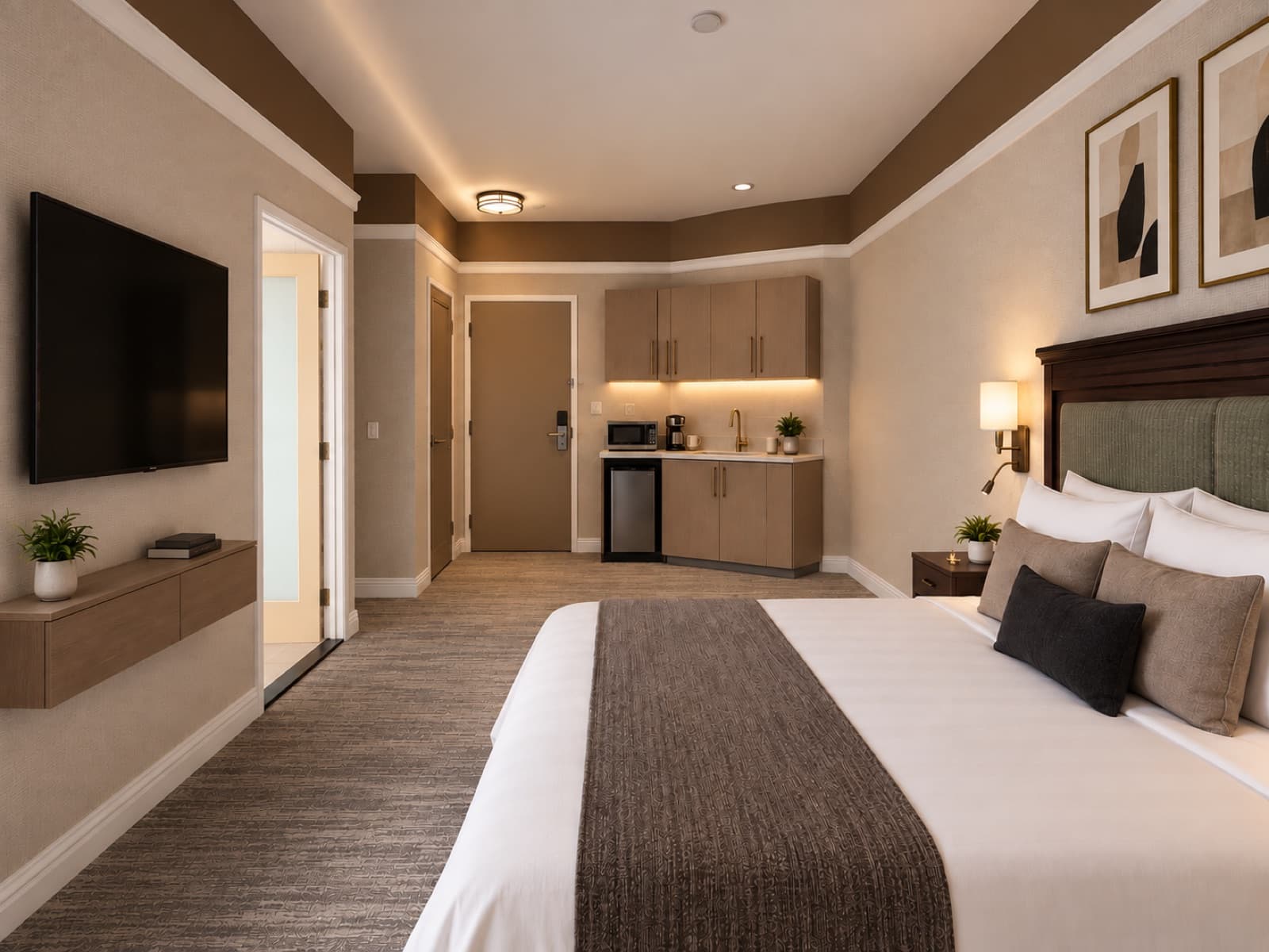 Virtually staged view from the bed toward the kitchenette area and entry at The 46, 129 West 46th Street, Midtown NYC