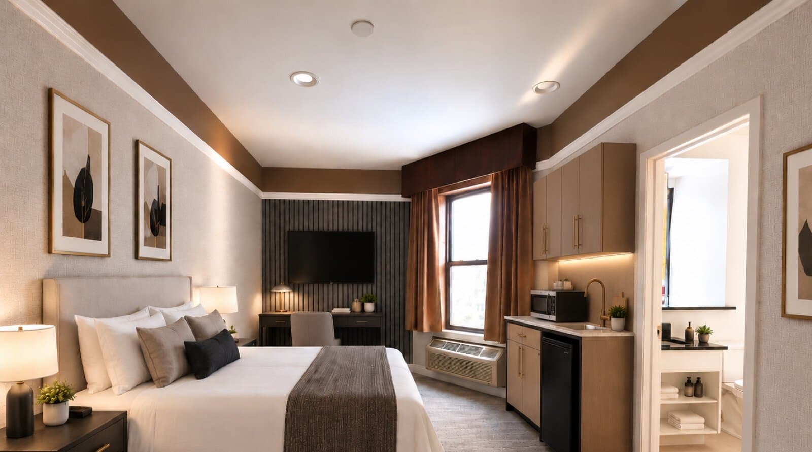 Virtually staged room with bed, desk, window and kitchenette area at The 46, 129 West 46th Street, Midtown NYC