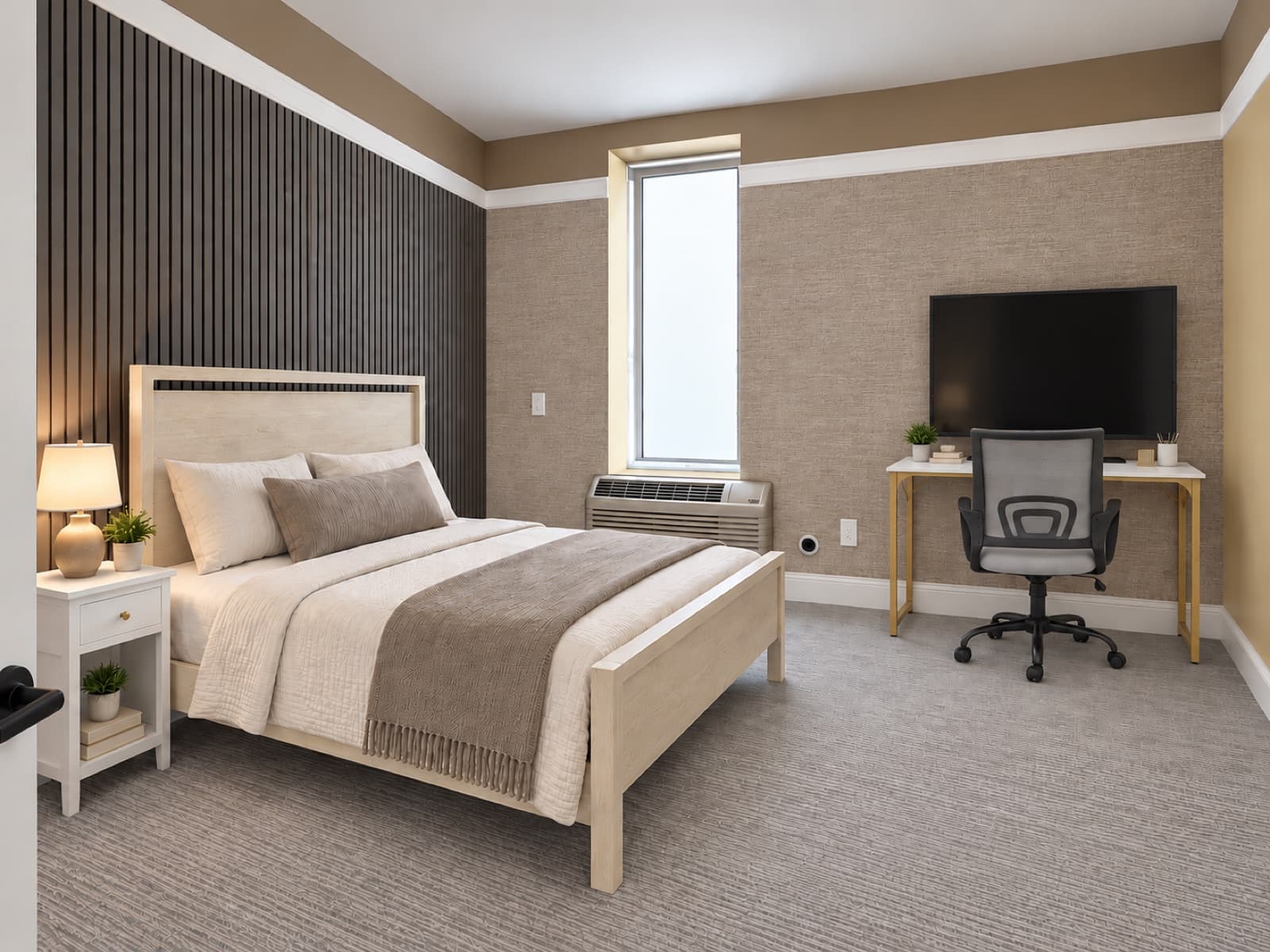 Virtually staged room with bed, desk and slatted accent wall at The 46, 129 West 46th Street, Midtown NYC