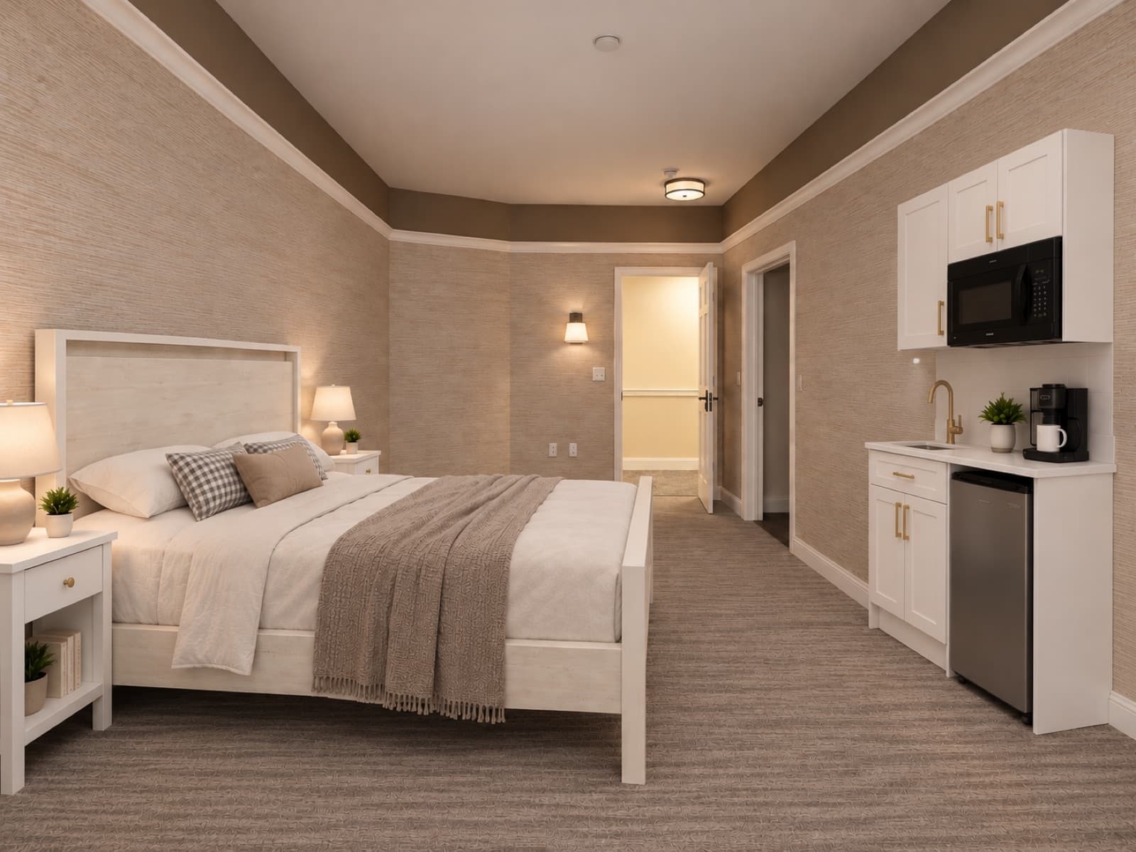 Virtually staged room with bed and kitchenette area at The 46, 129 West 46th Street, Midtown NYC