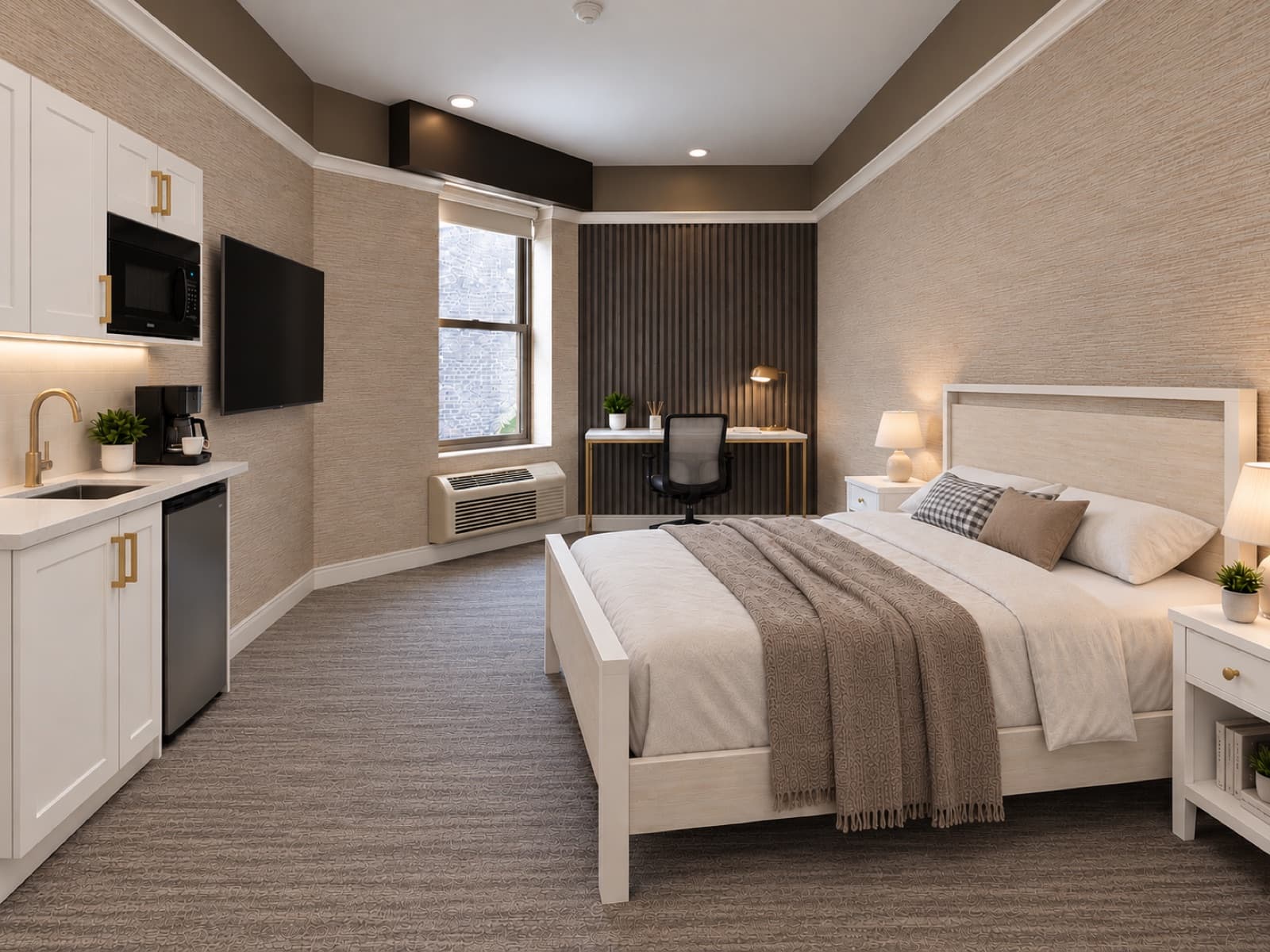 Virtually staged view of the bed, desk and window at The 46, 129 West 46th Street, Midtown NYC
