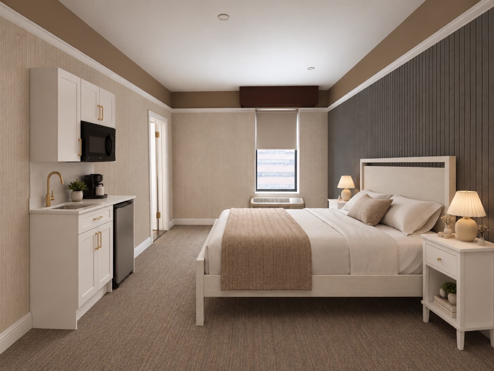 Virtually staged room with bed and kitchenette area at The 46, 129 West 46th Street, Midtown NYC