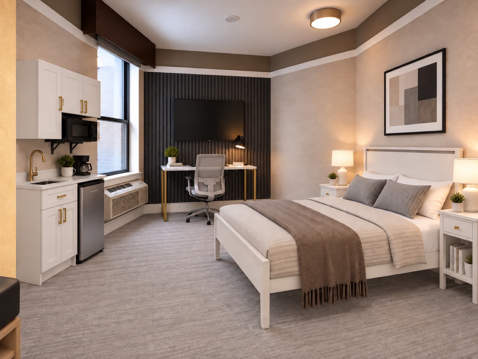 Virtually staged room with bed, desk and kitchenette area by the window at The 46, 129 West 46th Street, Midtown NYC