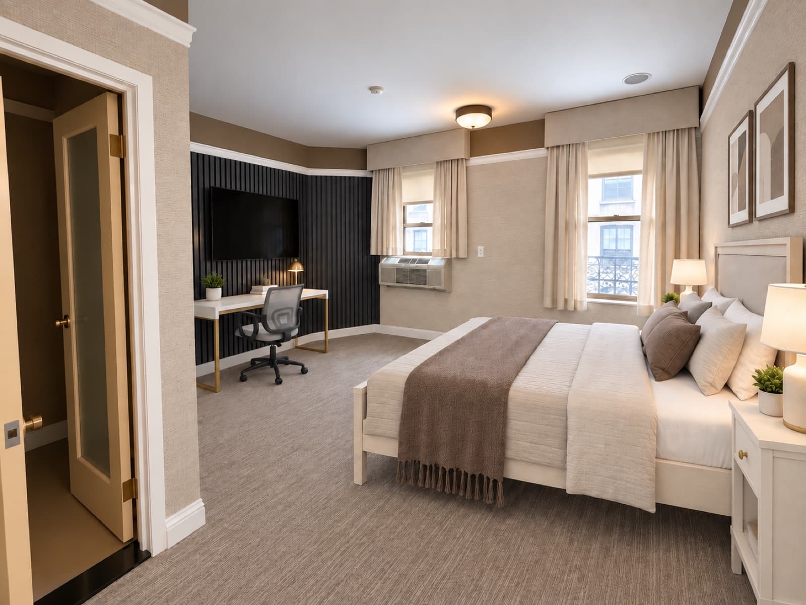 Virtually staged room with bed, desk and two windows at The 46, 129 West 46th Street, Midtown NYC