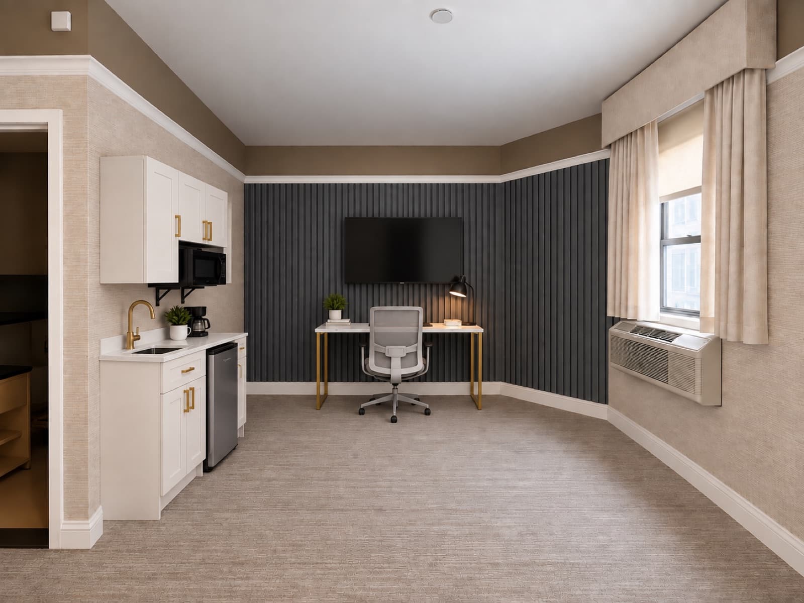 Virtually staged kitchenette area and desk by the slatted accent wall at The 46, 129 West 46th Street, Midtown NYC