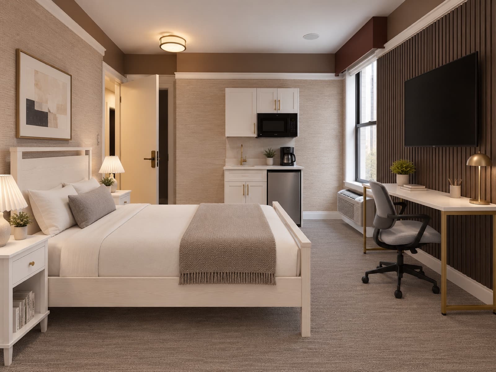 Virtually staged room with bed, desk and kitchenette area at The 46, 129 West 46th Street, Midtown NYC