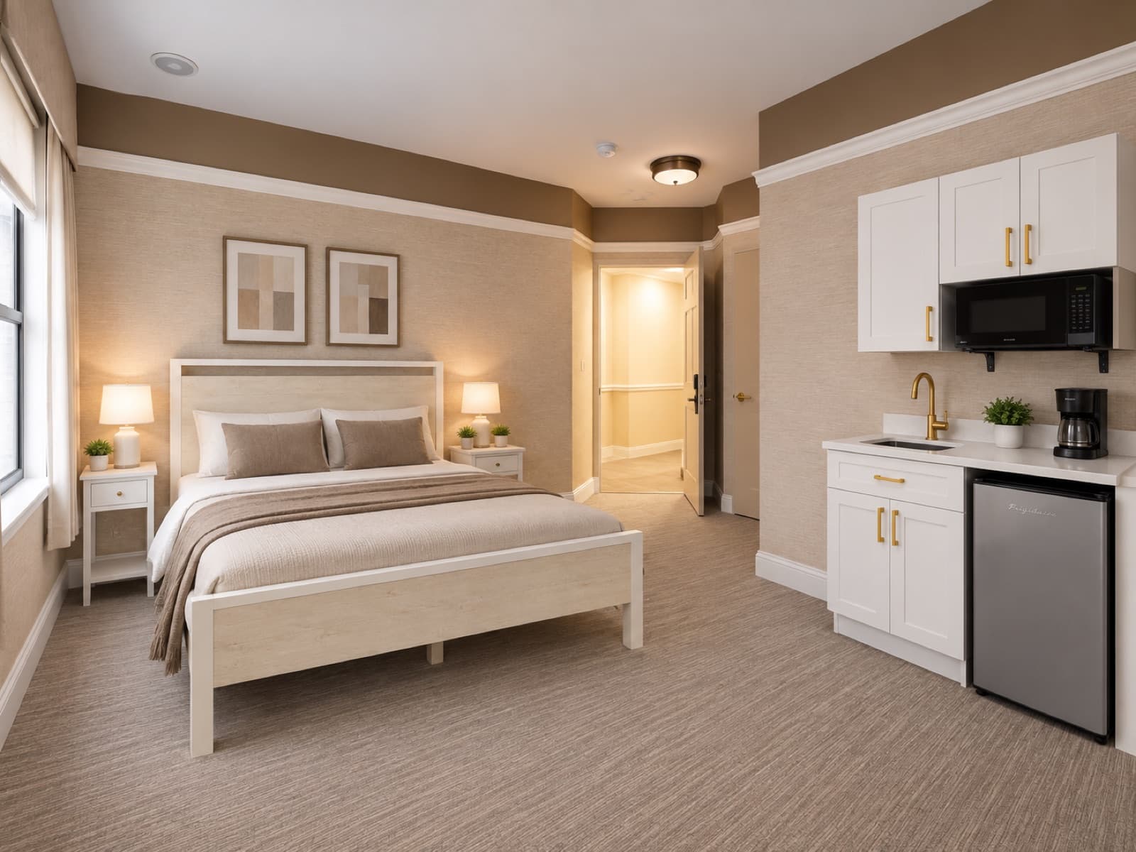 Virtually staged view of the bed and kitchenette area at The 46, 129 West 46th Street, Midtown NYC